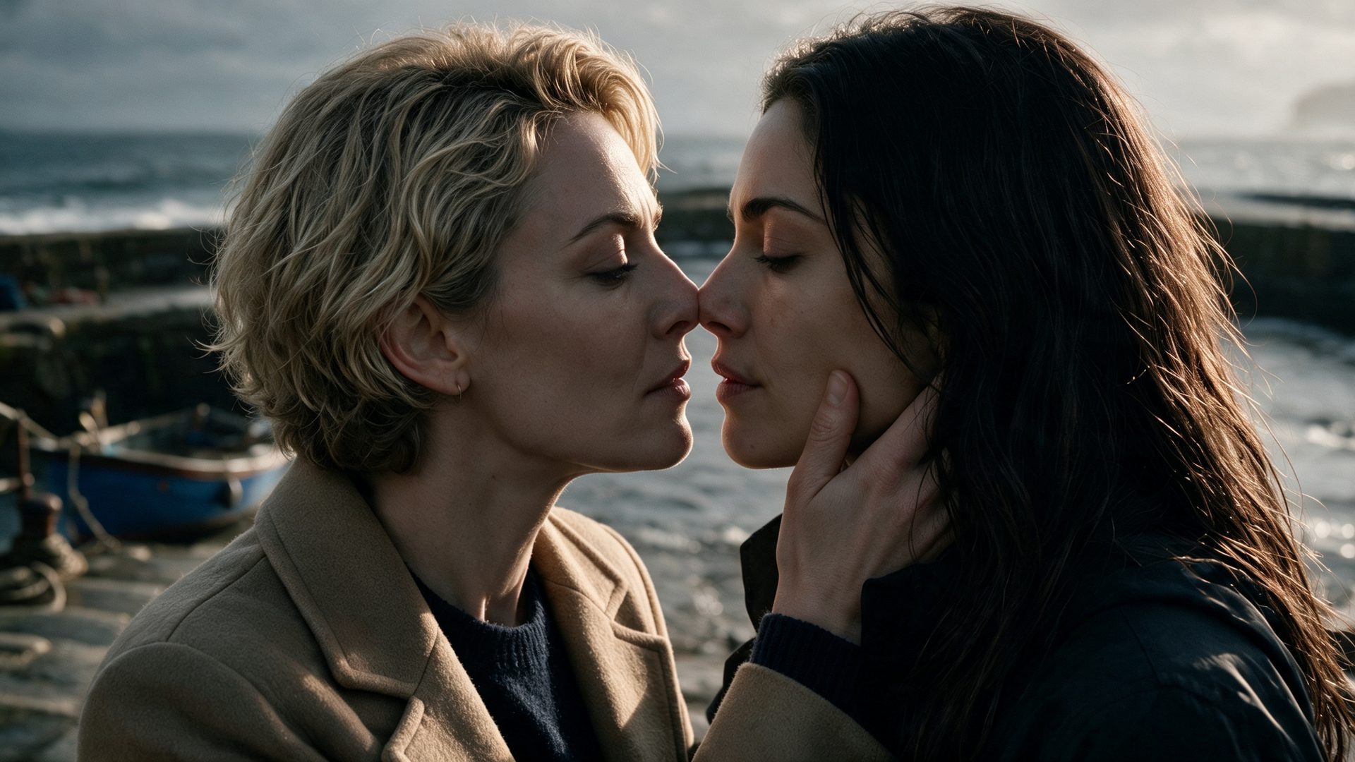 Elle and Nika at the harbour, their faces almost touching